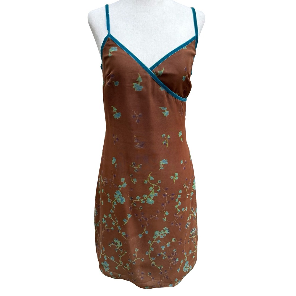 Parallel Vintage Y2K 90s Whimsygoth Fairycore Brown Mesh Floral Mini Dress 6‎